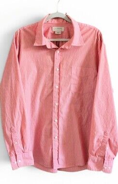 J. Crew Salmon Pink White Striped Casual Button Down Cotton Shirt Classic Fit